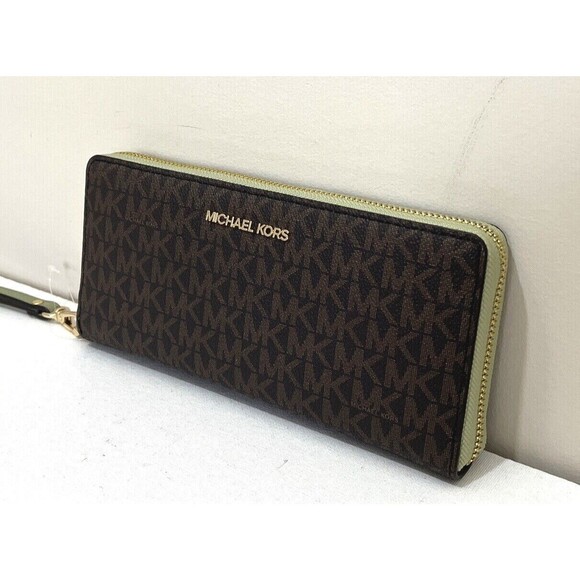 New Michael Kors Jet Set Large Travel Continental Wallet Brown / Light Sage - Picture 2 of 5